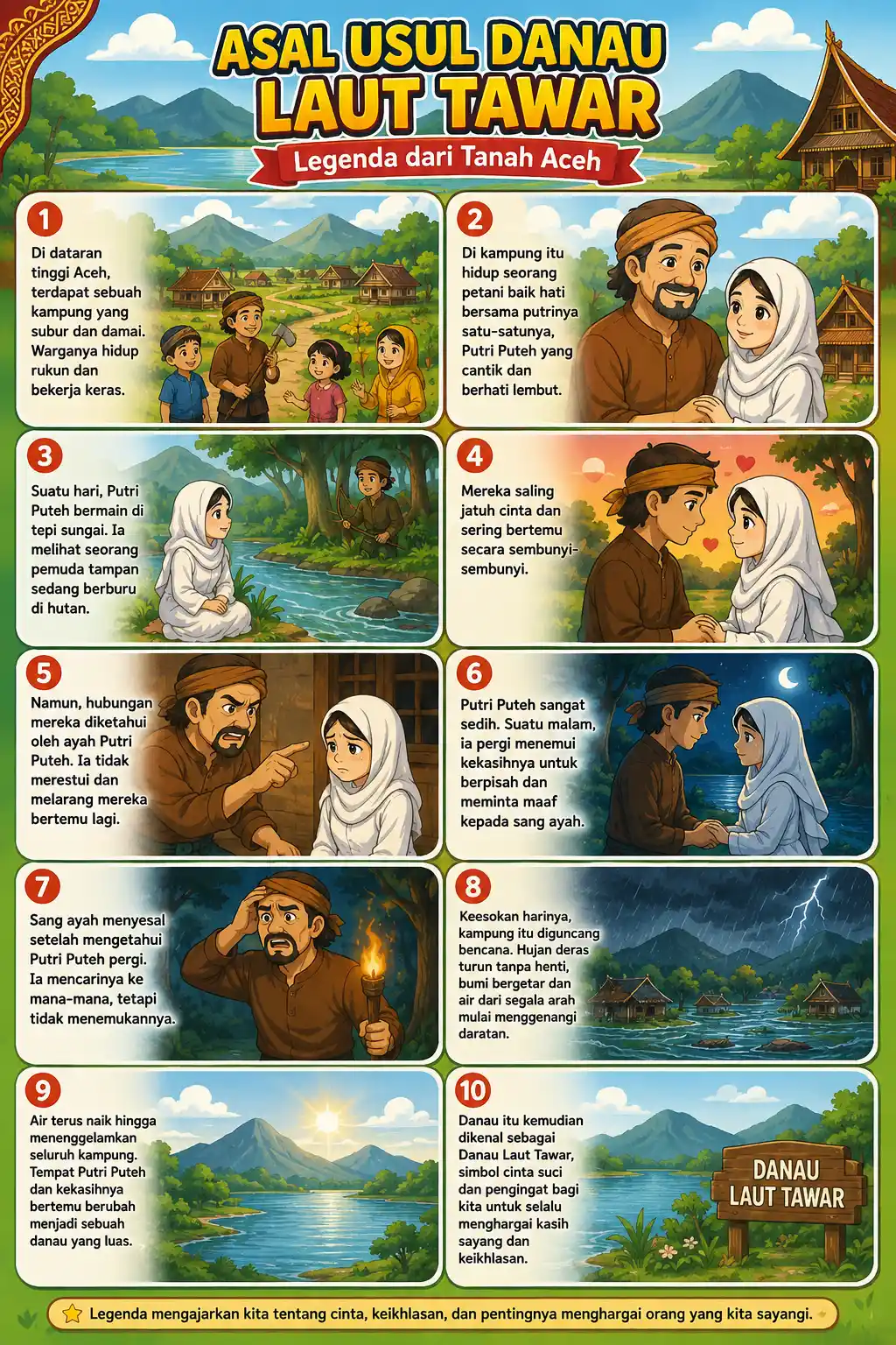 Poster Edukasi Anak Cerita Rakyat Asal Usul Danau Laut Tawar Legenda Aceh - Hiasan Dinding Edukatif