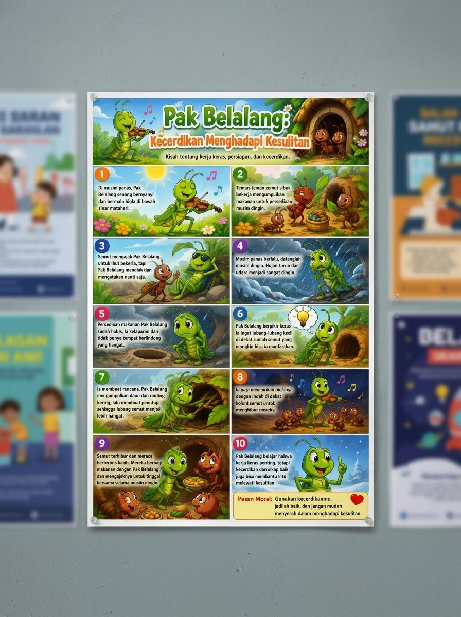 Poster Edukasi Anak Cerita Rakyat Pak Belalang Kecerdikan Menghadapi Kesulitan Pajangan Dinding Berkualitas