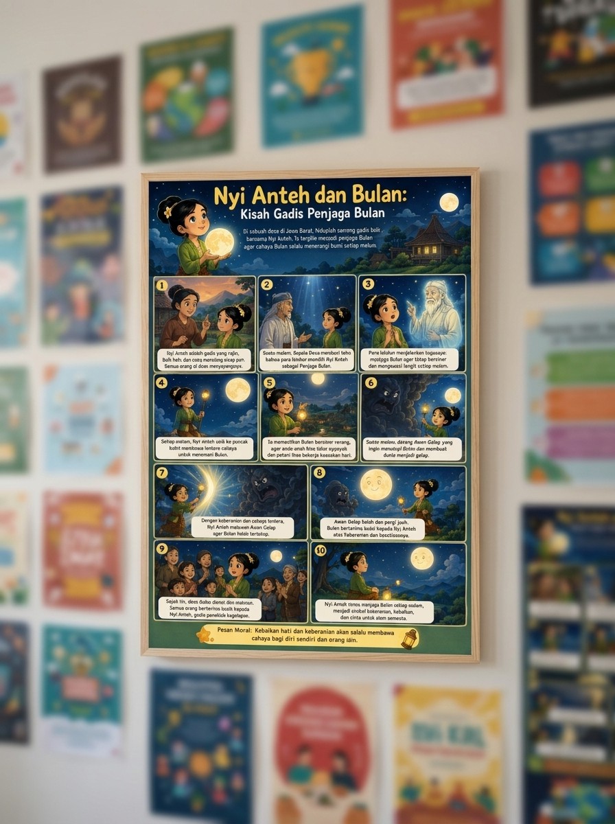 Poster Edukasi Anak Nyi Anteh & Bulan Penjaga Bulan - Pajangan Dinding Cerita Rakyat Budaya Indonesia Premium