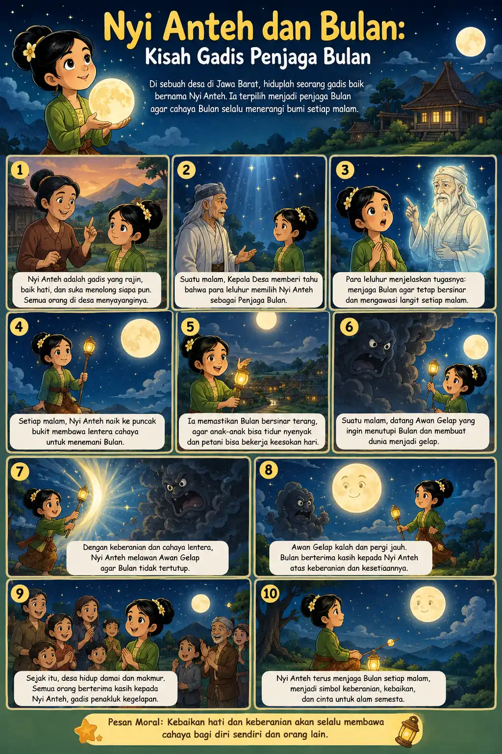 Poster Edukasi Anak Nyi Anteh & Bulan Penjaga Bulan - Pajangan Dinding Cerita Rakyat Budaya Indonesia Premium
