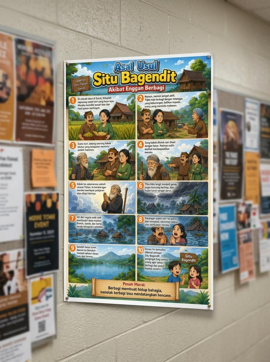 Poster Edukasi Cerita Rakyat Situ Bagendit Asal Usul Akibat Enggan Berbagi Alat Peraga Sekolah SD TK