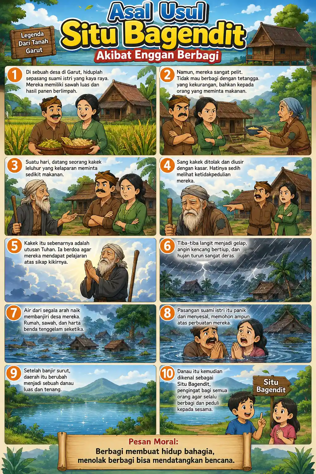 Poster Edukasi Cerita Rakyat Situ Bagendit Asal Usul Akibat Enggan Berbagi Alat Peraga Sekolah SD TK