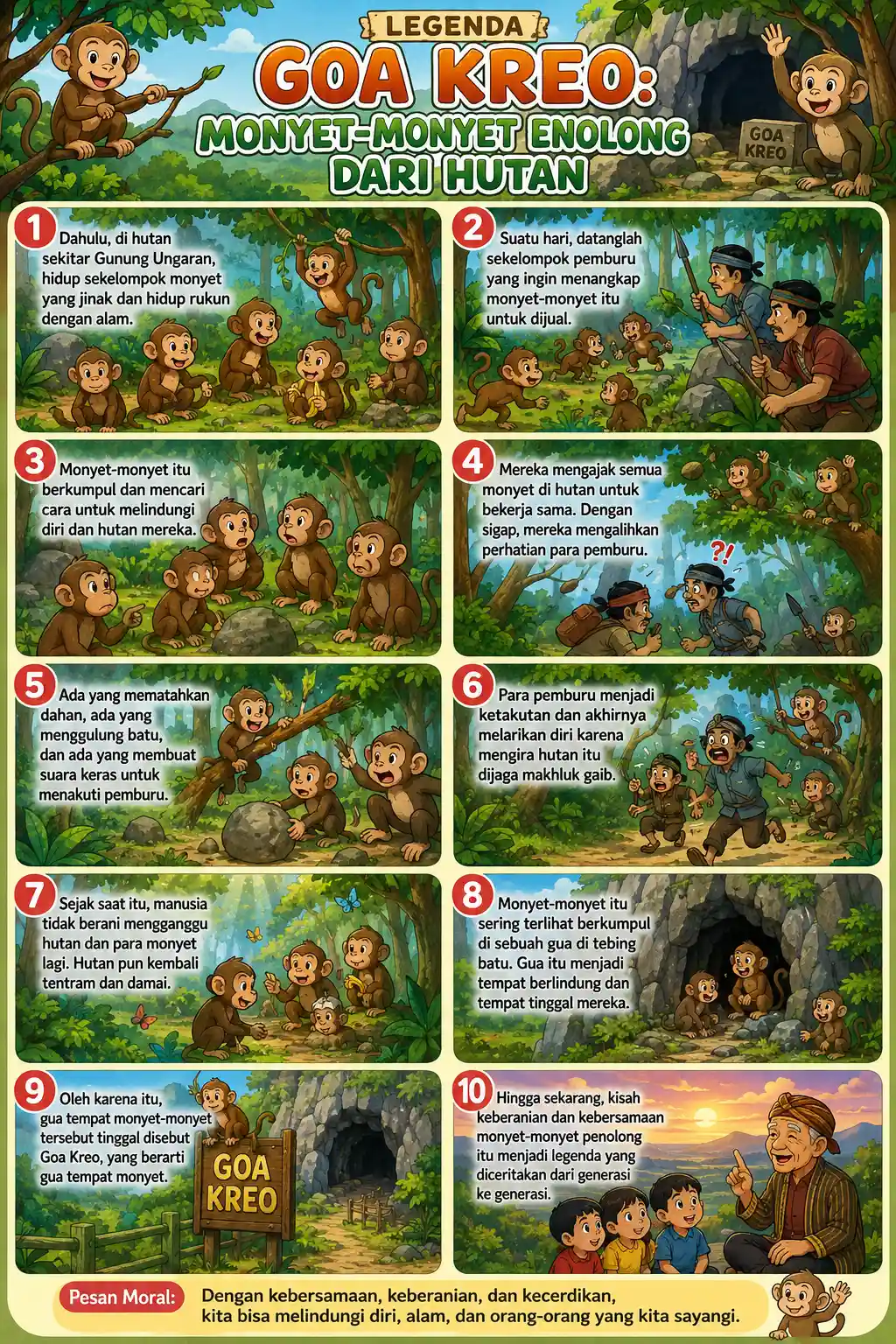 Poster Edukasi Anak Cerita Rakyat Legenda Goa Kreo Semarang - Monyet Penolong Souvenir Lokal