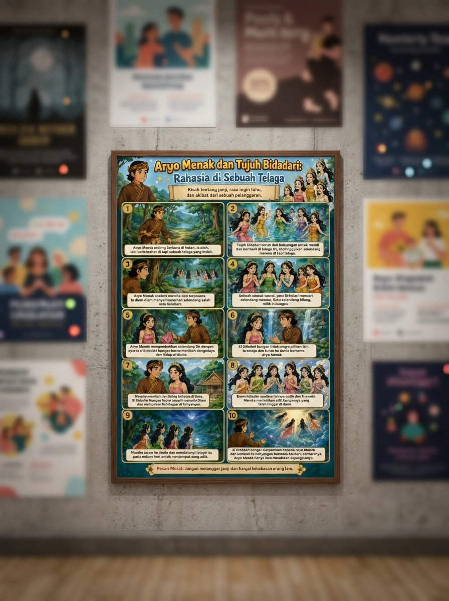 Poster Edukasi Anak Cerita Rakyat Aryo Menak dan Tujuh Bidadari Pajangan Kamar Estetik