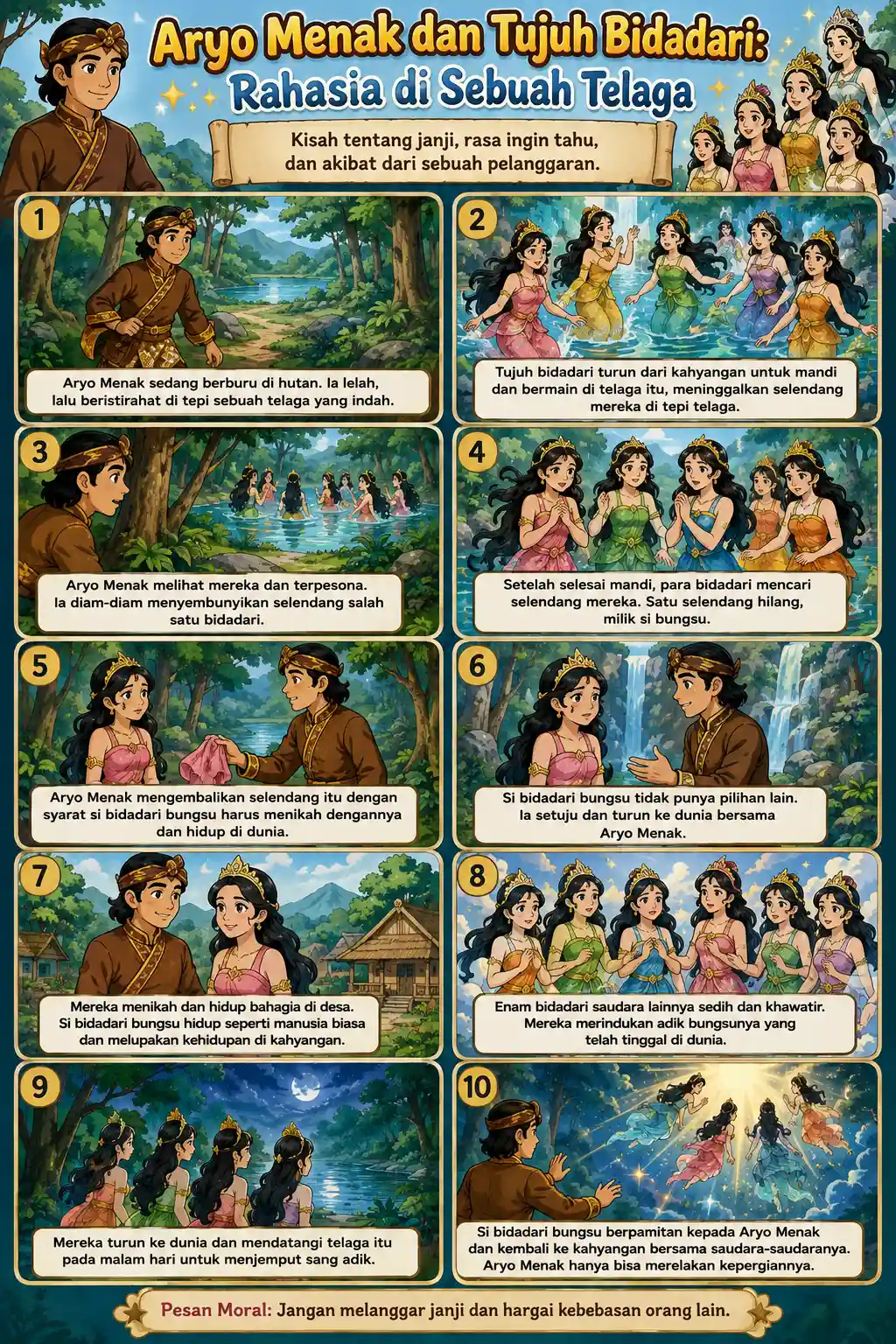 Poster Edukasi Anak Cerita Rakyat Aryo Menak dan Tujuh Bidadari Pajangan Kamar Estetik