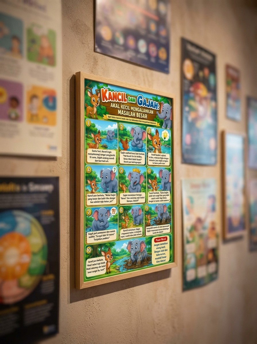 Poster Edukasi Anak Dongeng Kancil dan Gajah Hiasan Dinding Kamar PAUD TK - Wall Decor Aesthetic Murah Berkualitas