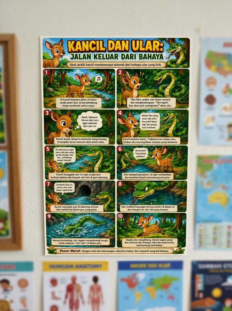 Poster Edukasi Anak Cerita Dongeng Kancil dan Ular Hiasan Dinding Kamar TK PAUD - Seri Fabel