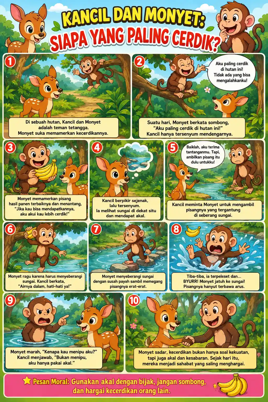 [TERBARU] Poster Cerita Kancil dan Monyet Cerdik Gambar Lucu Hiasan Dinding TK PAUD