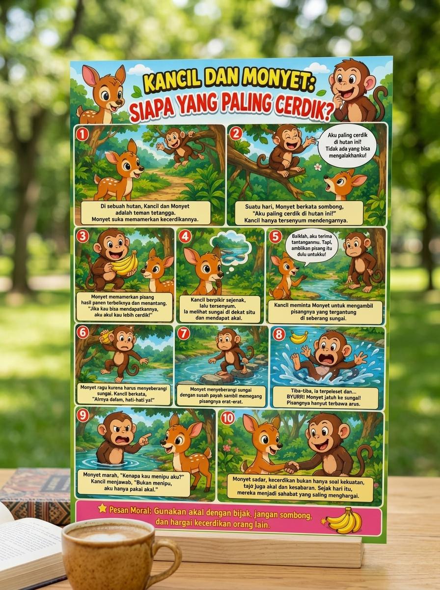 [TERBARU] Poster Cerita Kancil dan Monyet Cerdik Gambar Lucu Hiasan Dinding TK PAUD