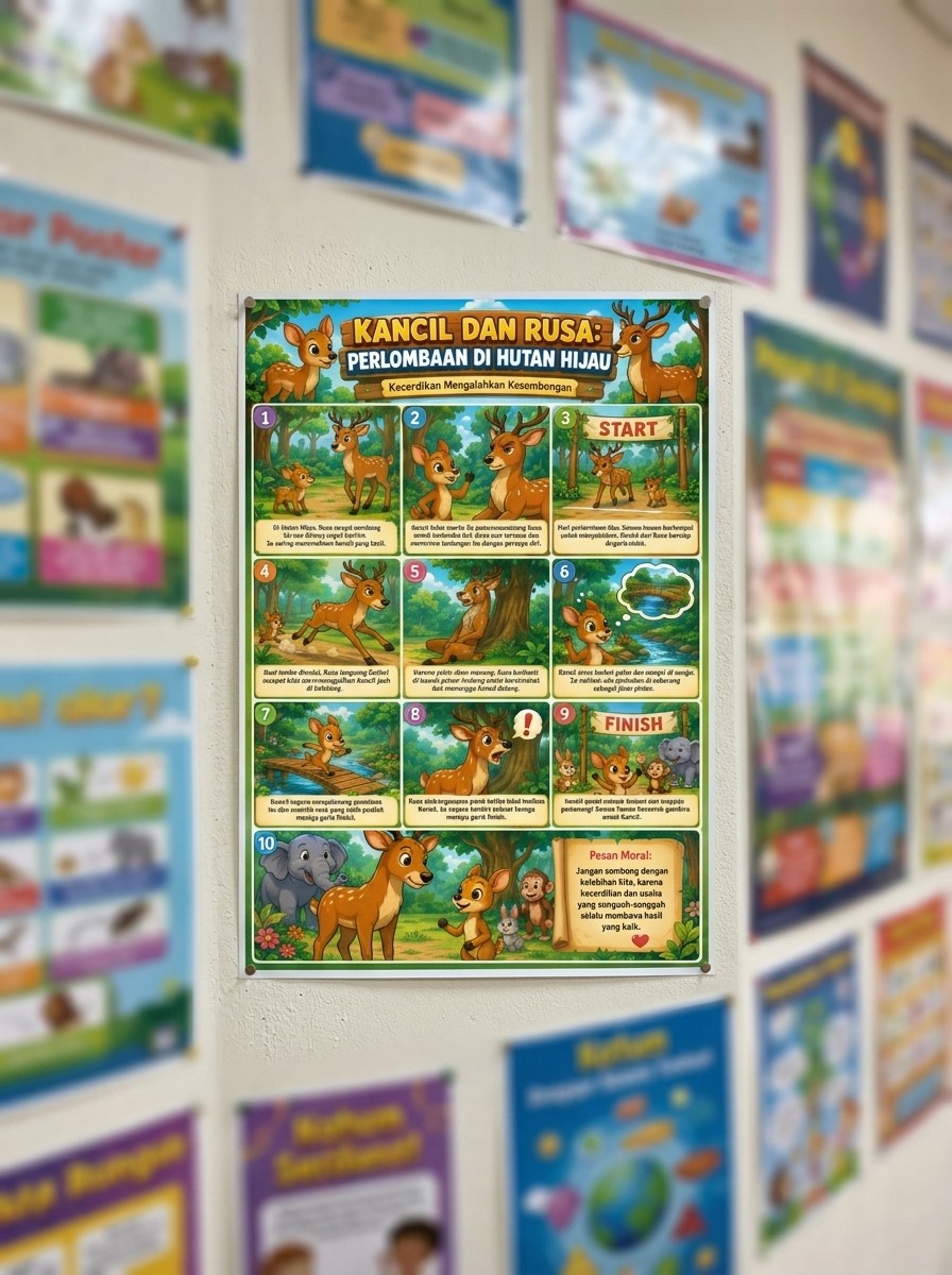 Poster Dinding Anak Edukasi Dongeng Kancil dan Rusa Dekorasi Kamar Estetik