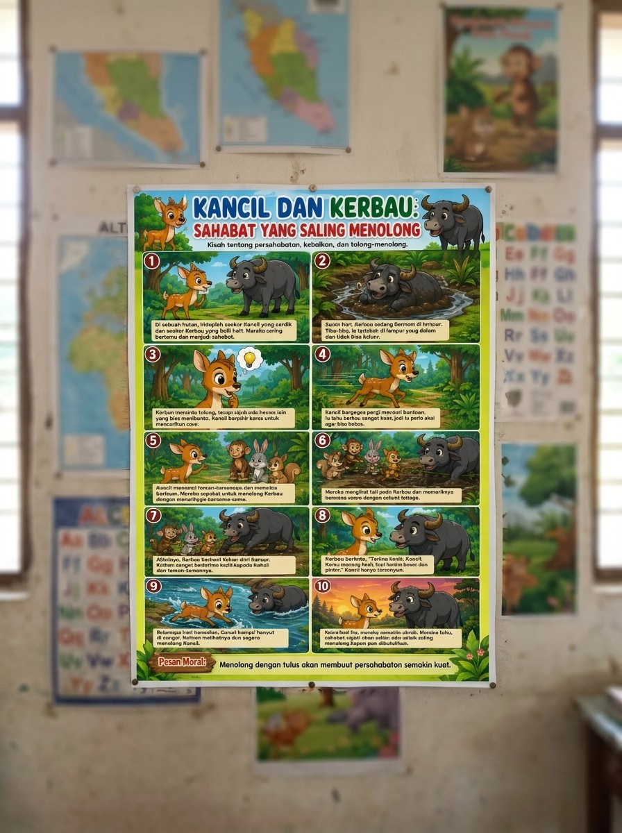 [TERMURAH] Poster Dinding Edukatif Seri Dongeng Kancil dan Kerbau Alat Peraga Sekolah TK PAUD Bahan Tebal
