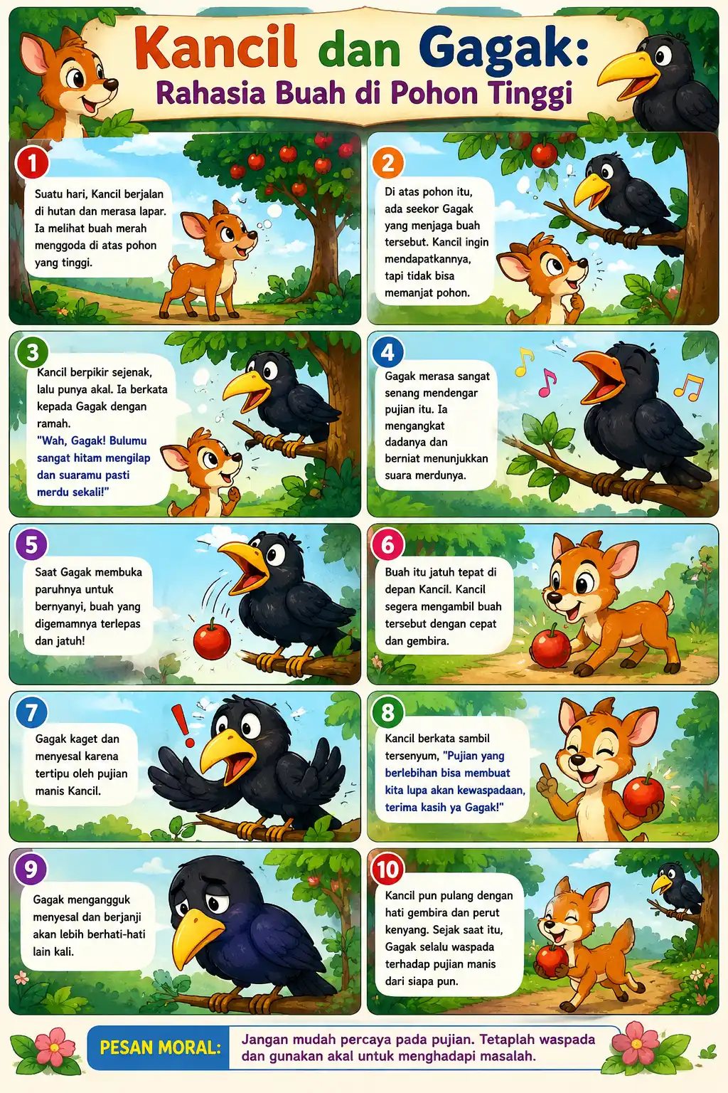 Poster Edukasi Anak Dongeng Kancil dan Gagak Hiasan Dinding Kamar TK PAUD