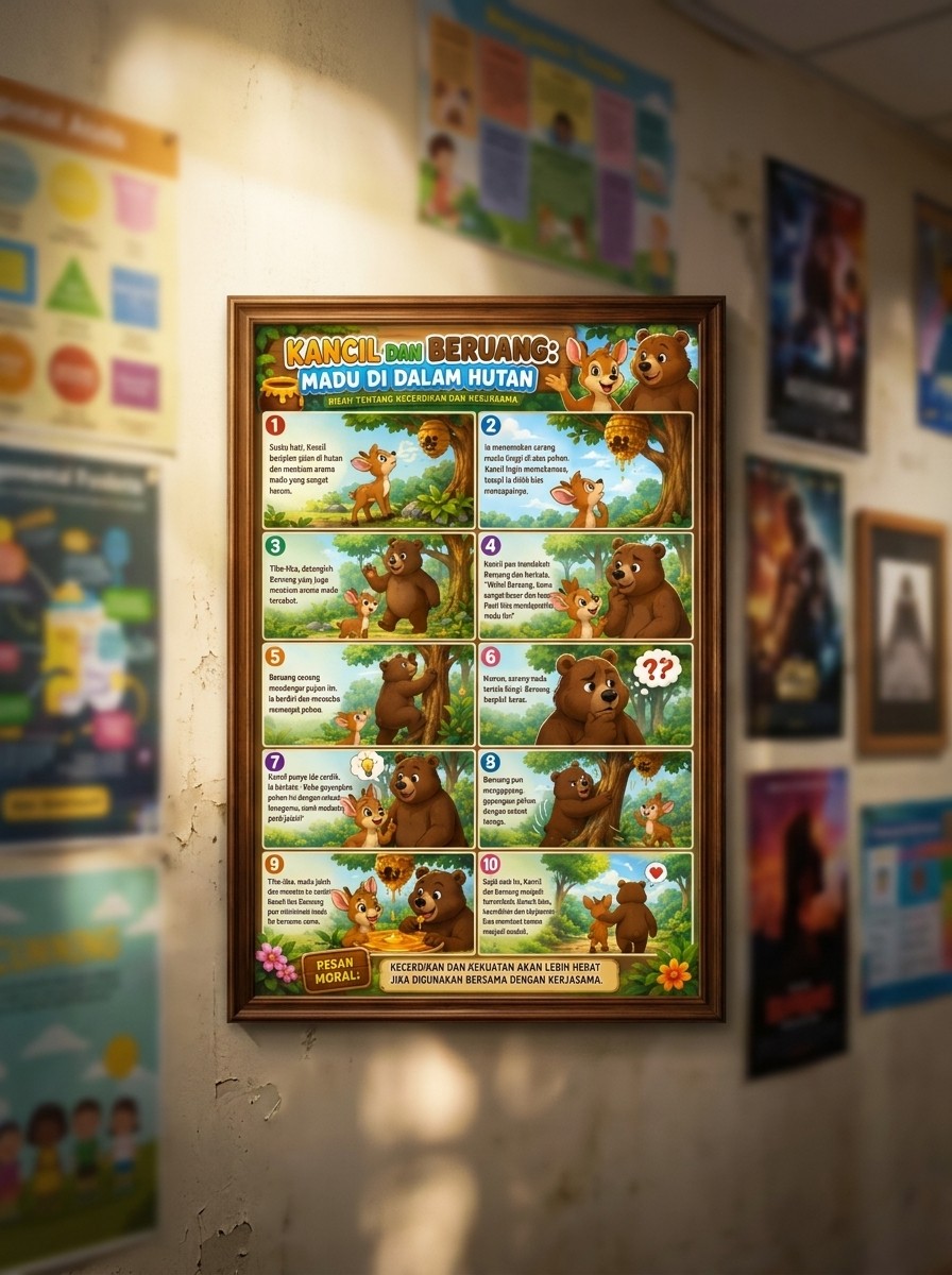 Poster Cerita Rakyat Kancil dan Beruang Madu Edukasi Sekolah TK PAUD Dekorasi Karakter Hewan