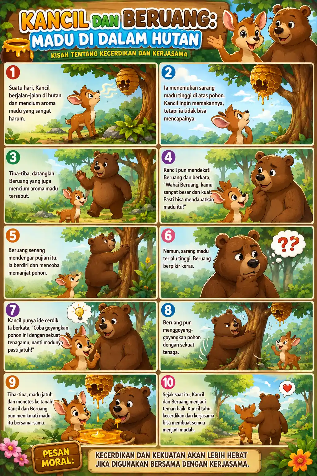 Poster Cerita Rakyat Kancil dan Beruang Madu Edukasi Sekolah TK PAUD Dekorasi Karakter Hewan
