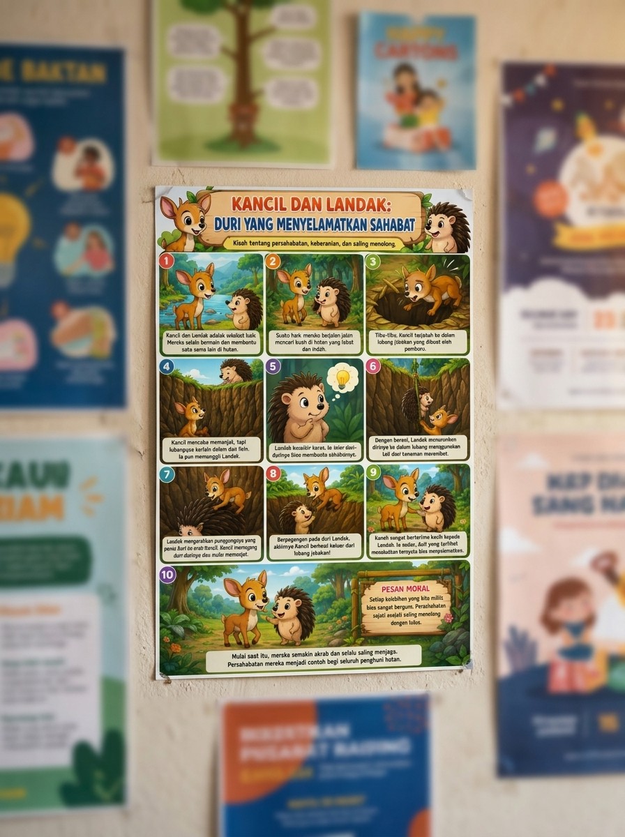 POSTER EDUKASI ANAK CERITA KANCIL & LANDAK HIASAN DINDING KAMAR TK PAUD LUCU