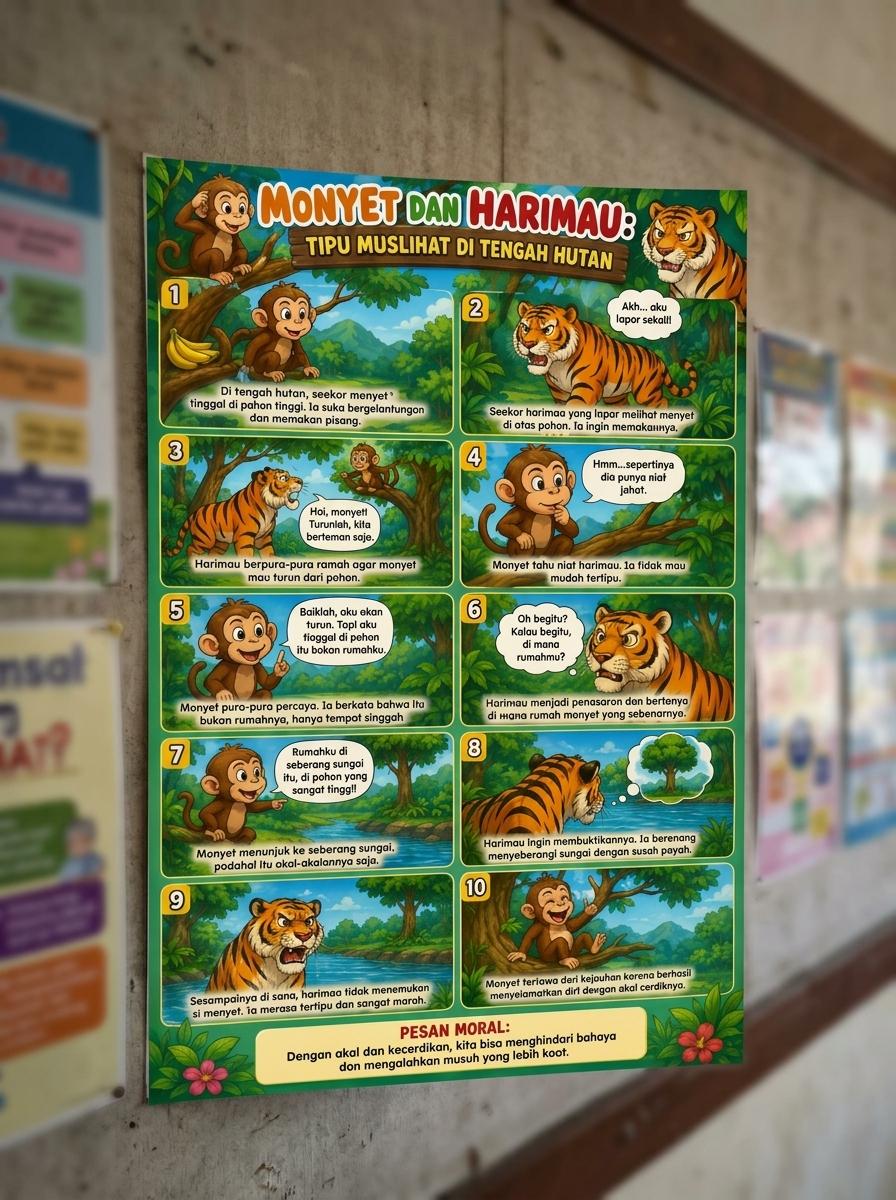 Poster Dinding Aesthetic Monyet Harimau Hiasan Dinding Kamar Anak Edukasi - Tipu Muslihat di Hutan