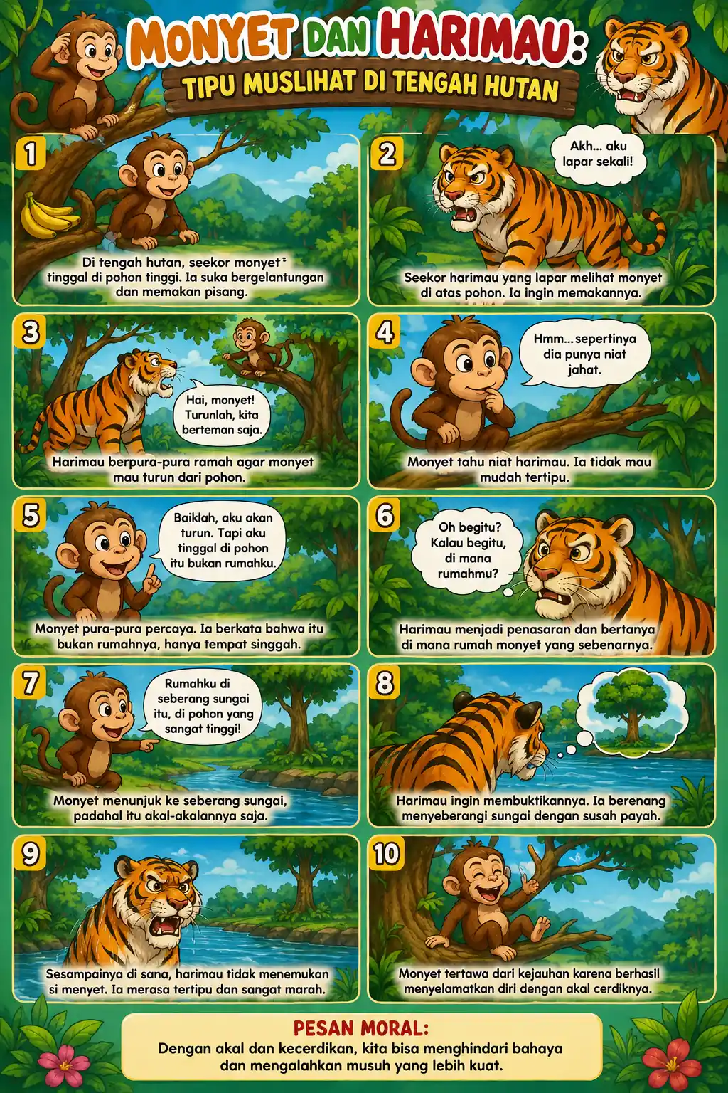 Poster Dinding Aesthetic Monyet Harimau Hiasan Dinding Kamar Anak Edukasi - Tipu Muslihat di Hutan