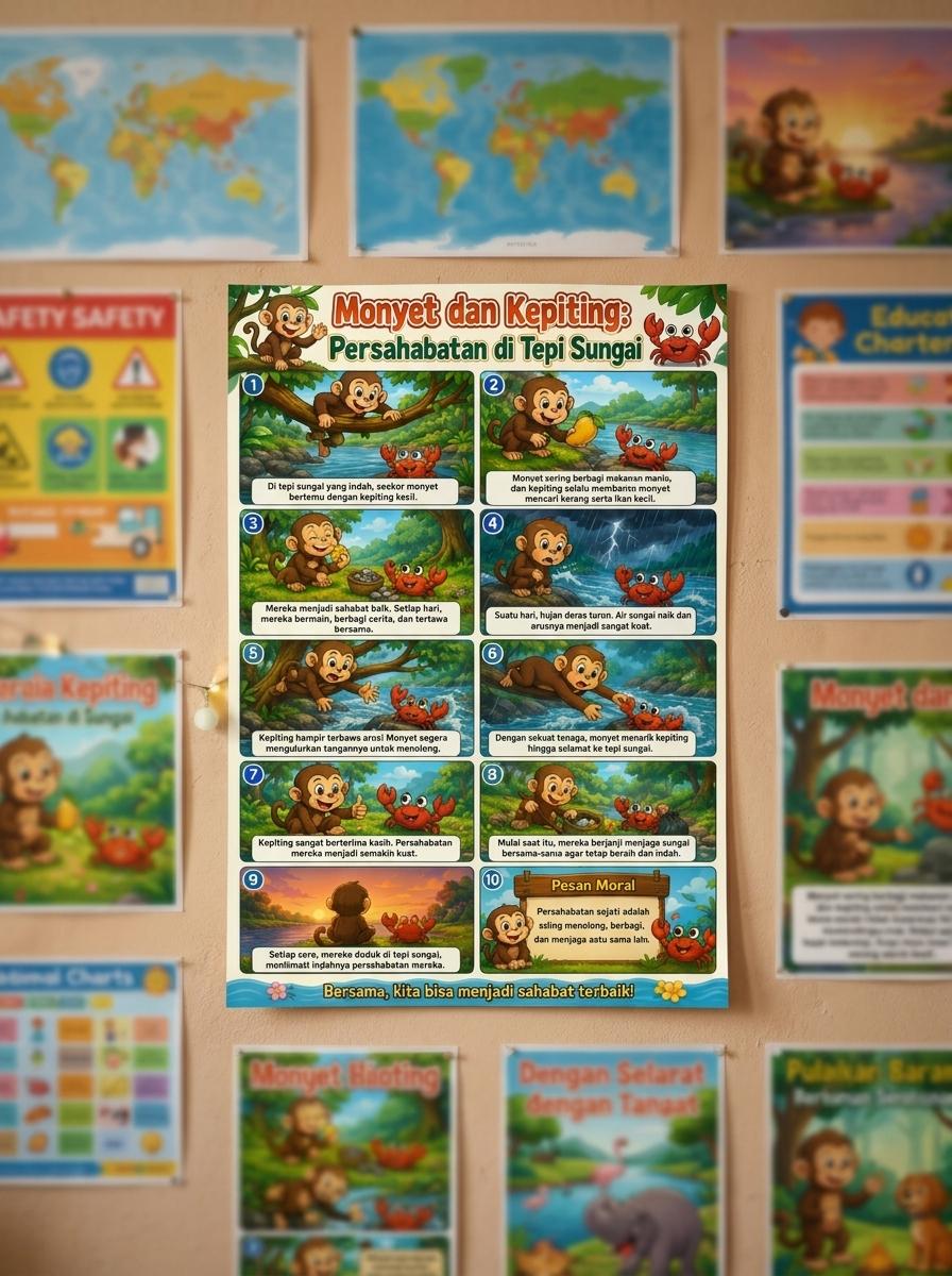 Poster Edukasi Anak Gambar Monyet dan Kepiting - Hiasan Kamar PAUD TK Lucu - Wall Decor Kualitas Premium