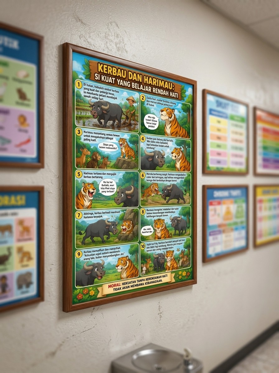 Poster Edukasi Anak Kerbau dan Harimau Hiasan Dinding Kamar Aesthetic Pajangan Cerita Moral - Termurah