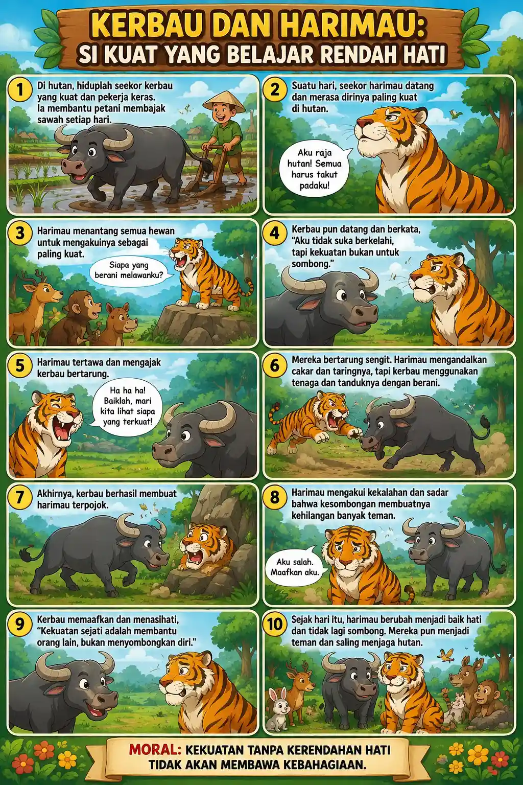 Poster Edukasi Anak Kerbau dan Harimau Hiasan Dinding Kamar Aesthetic Pajangan Cerita Moral - Termurah