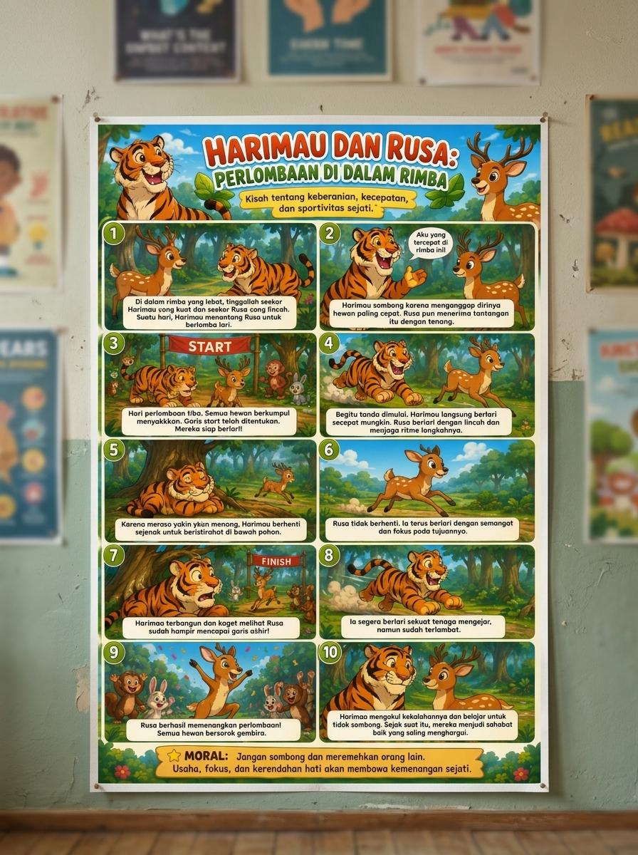 Hiasan Dinding Poster Harimau & Rusa Dekorasi Kamar Aesthetic Lukisan Rimba A3