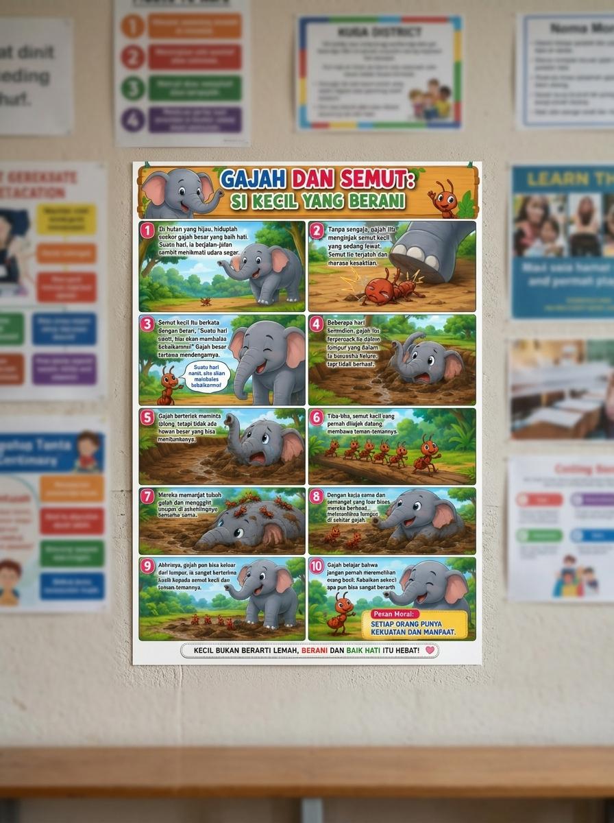 [TERLARIS] Poster Anak Edukatif Cerita Gajah dan Semut - Hiasan Dinding Kamar Bayi / Anak TK SD Murah