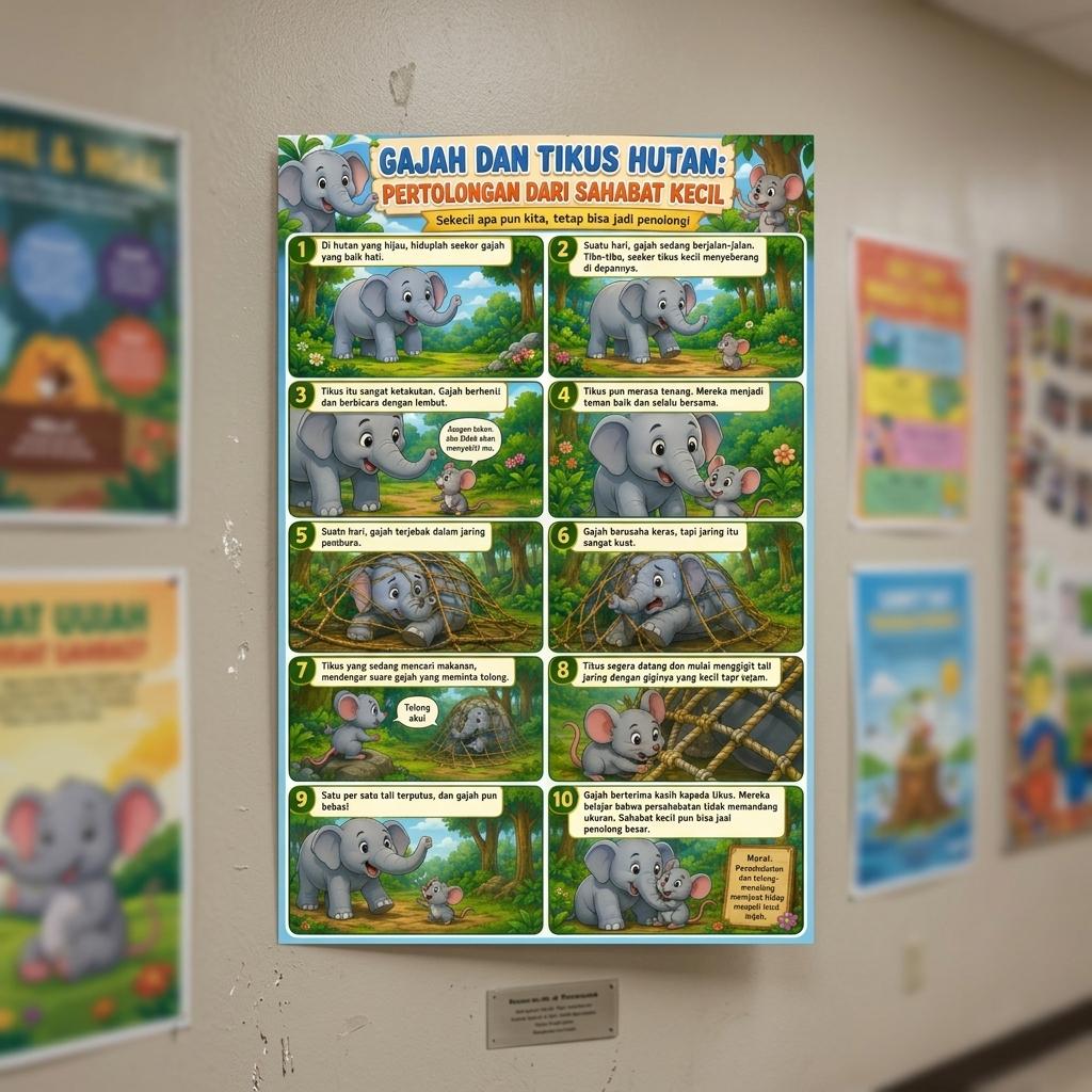 Poster Edukasi Anak Hewan Gajah dan Tikus Hutan Sahabat Kecil Pajangan Dinding Sekolah PAUD TK