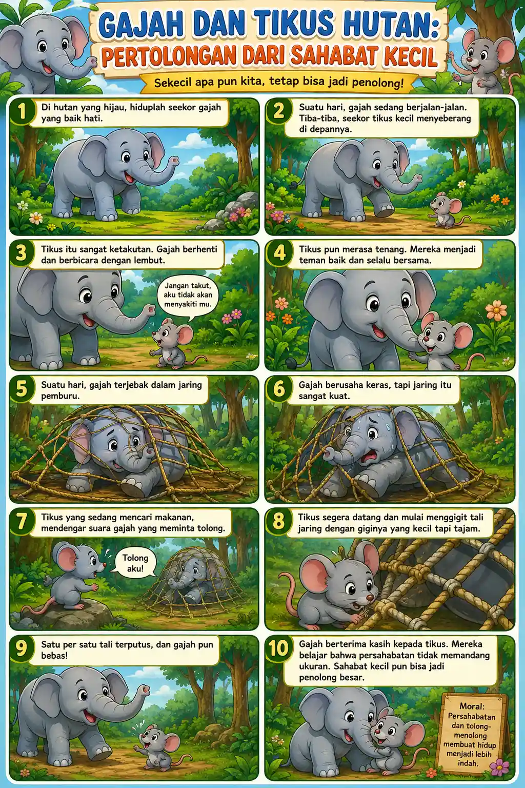 Poster Edukasi Anak Hewan Gajah dan Tikus Hutan Sahabat Kecil Pajangan Dinding Sekolah PAUD TK