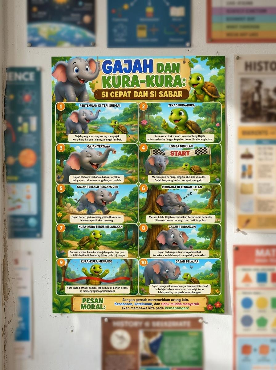 Hiasan Dinding Poster Gajah Kura-Kura Si Cepat & Si Sabar - Dekorasi Edukasi Anak TK PAUD - Wall Decor Unik Lucu Berkualitas