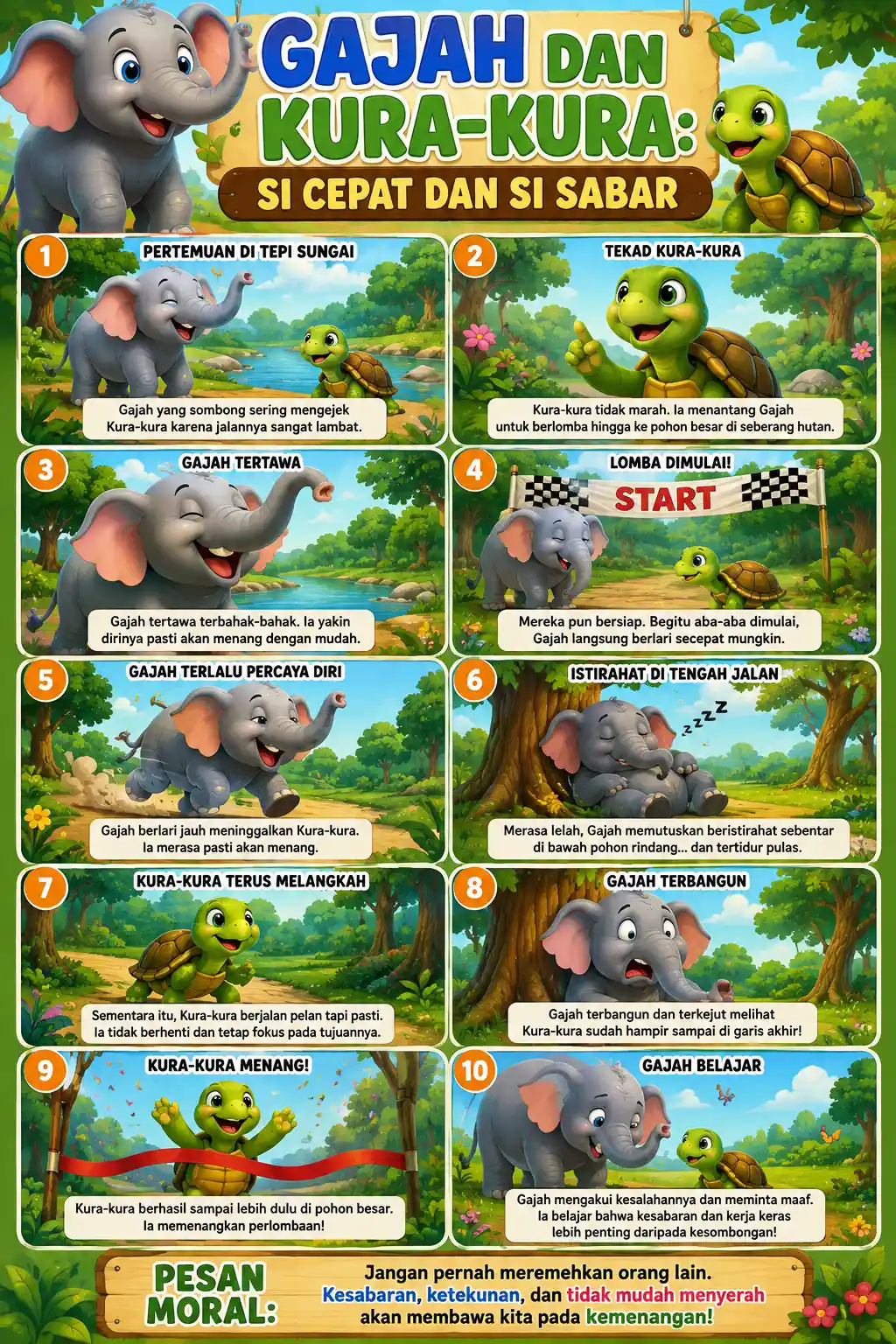 Hiasan Dinding Poster Gajah Kura-Kura Si Cepat & Si Sabar - Dekorasi Edukasi Anak TK PAUD - Wall Decor Unik Lucu Berkualitas