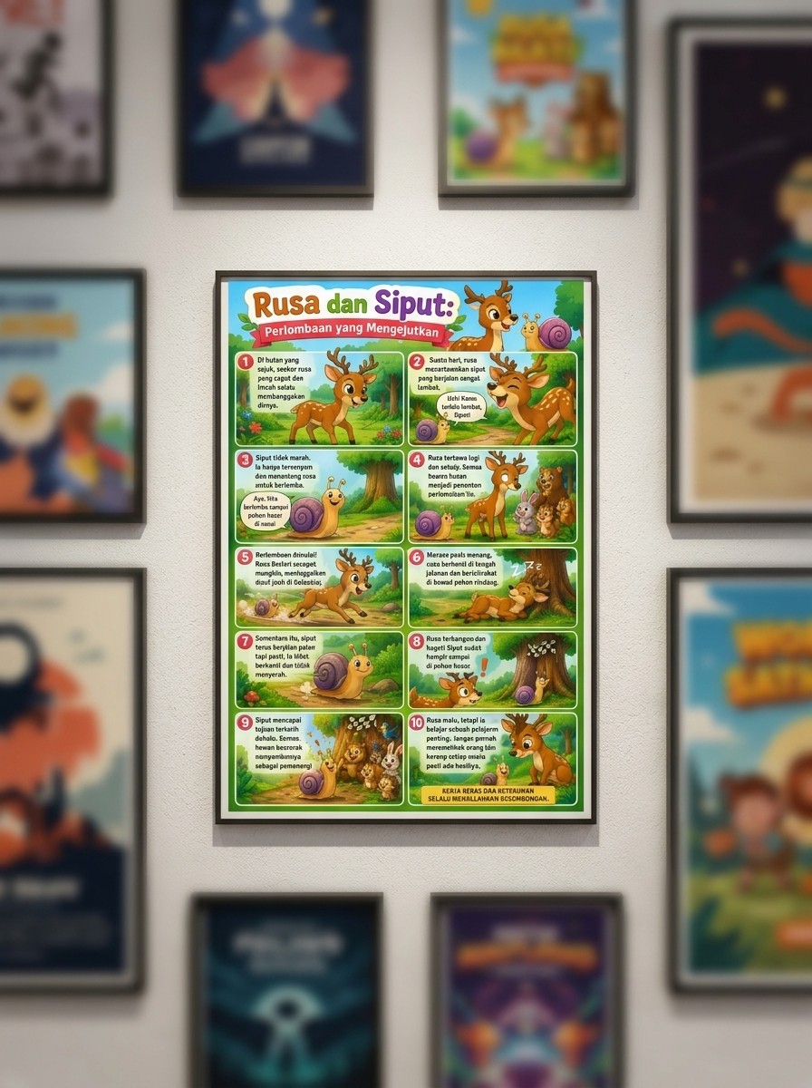 Poster Edukasi Anak Dongeng Rusa dan Siput - Hiasan Dinding Kamar Anak A3+ Murah
