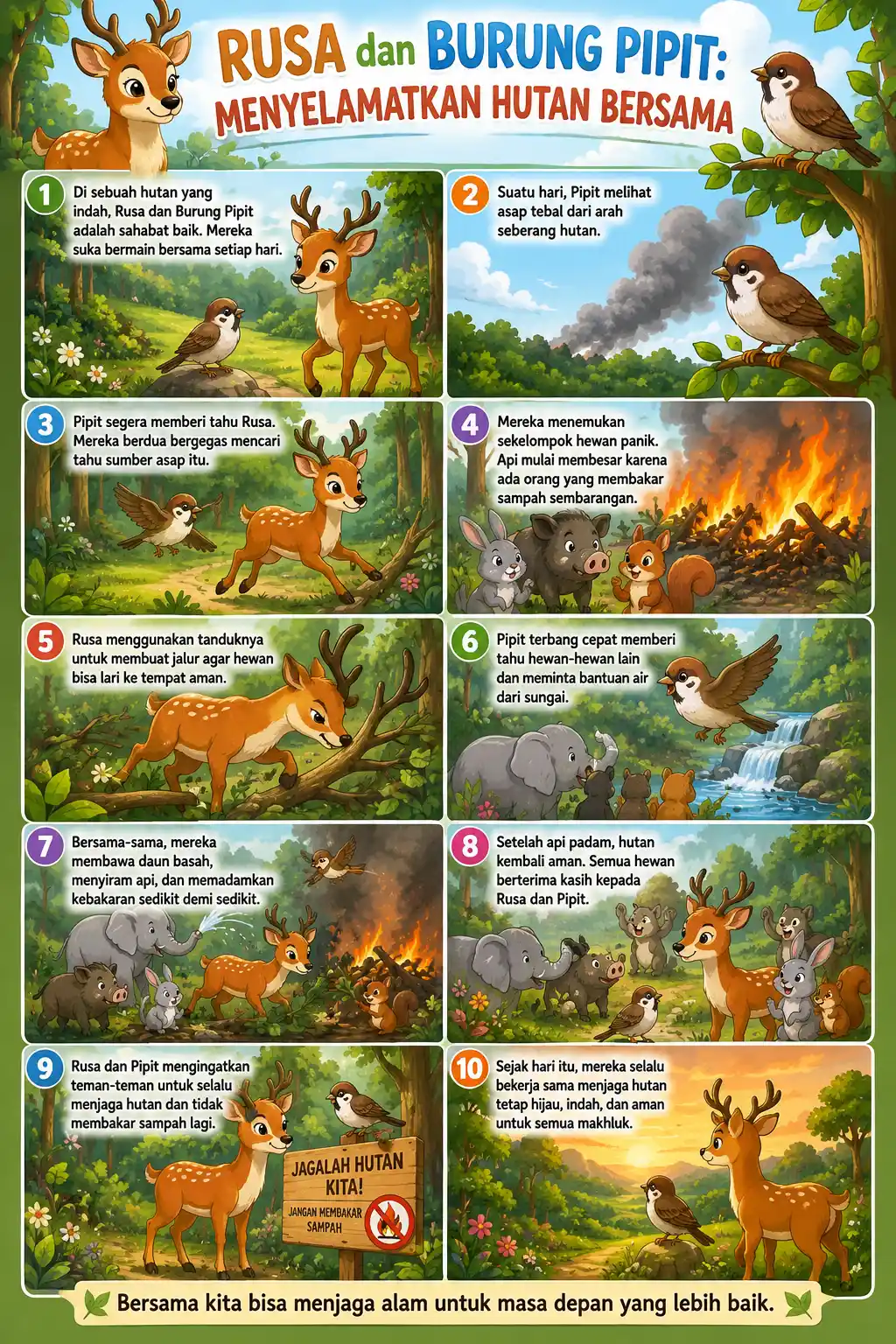 Poster Edukasi Anak Hiasan Dinding Kamar Rusa & Burung Pipit Save Forest A3