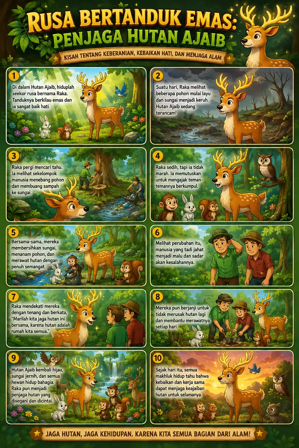 Poster Rusa Emas Penjaga Hutan Ajaib - Hiasan Dinding Ruang Tamu Modern - Dekorasi Aesthetic Nordic Style