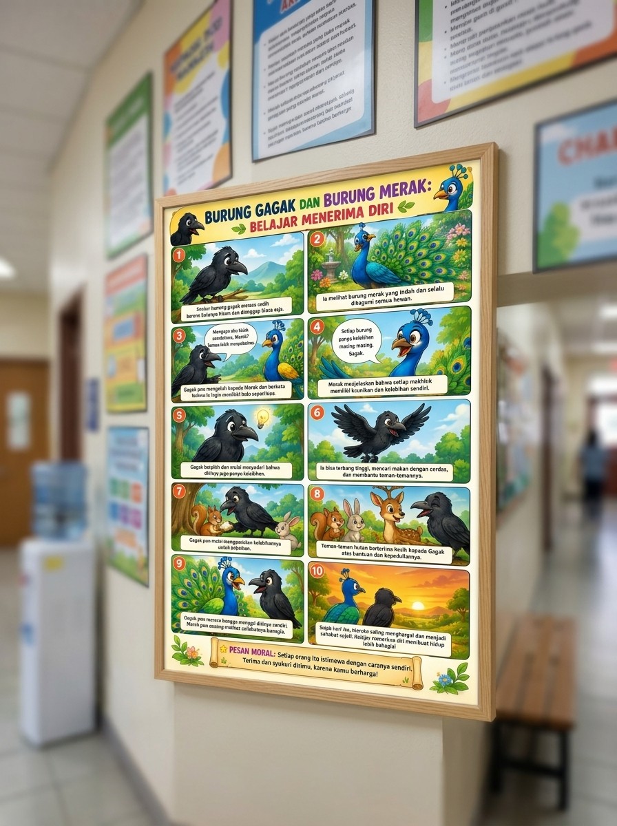 Poster Edukasi Anak Burung Gagak & Burung Merak Belajar Menerima Diri Hiasan Dinding Aesthetic