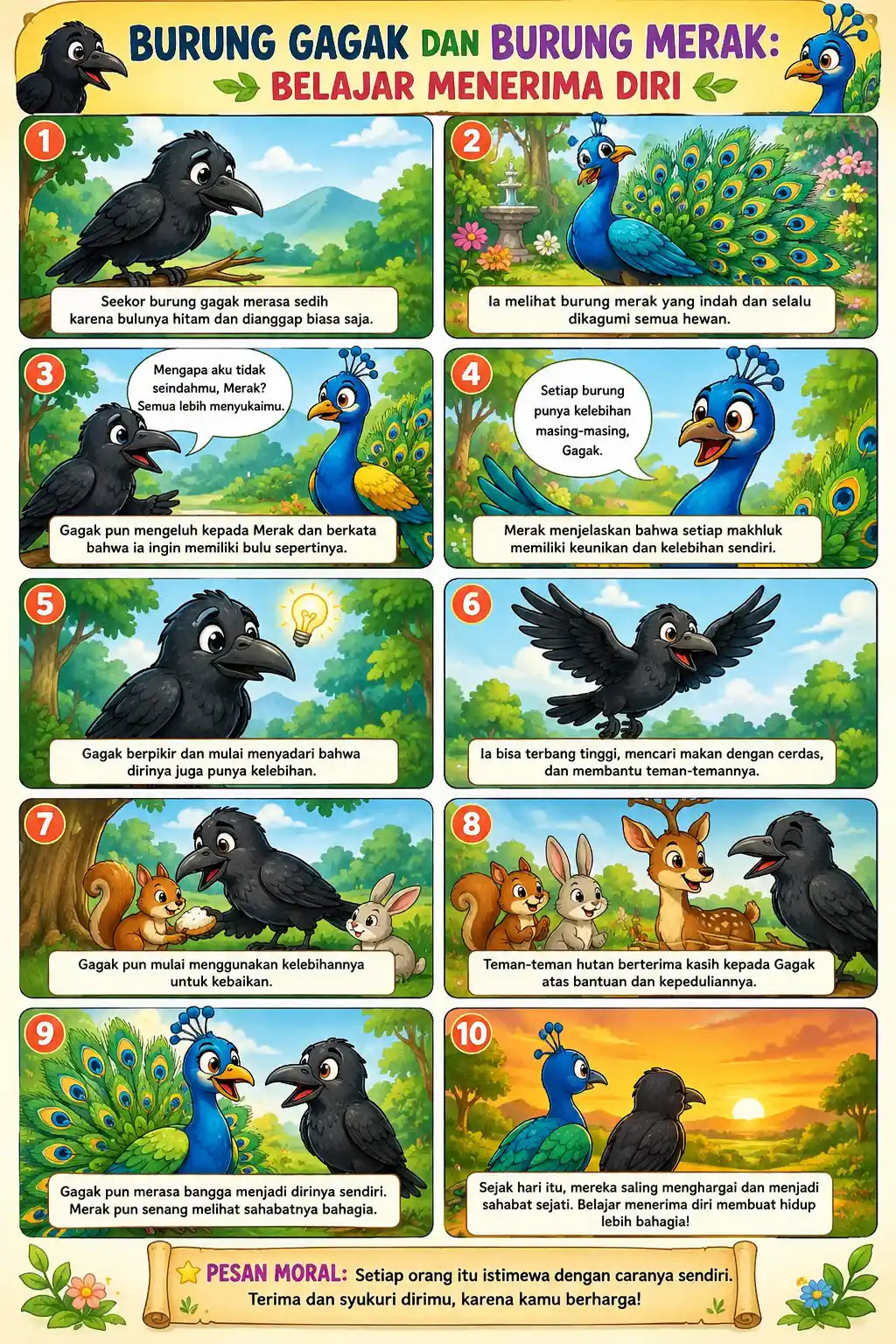 Poster Edukasi Anak Burung Gagak & Burung Merak Belajar Menerima Diri Hiasan Dinding Aesthetic