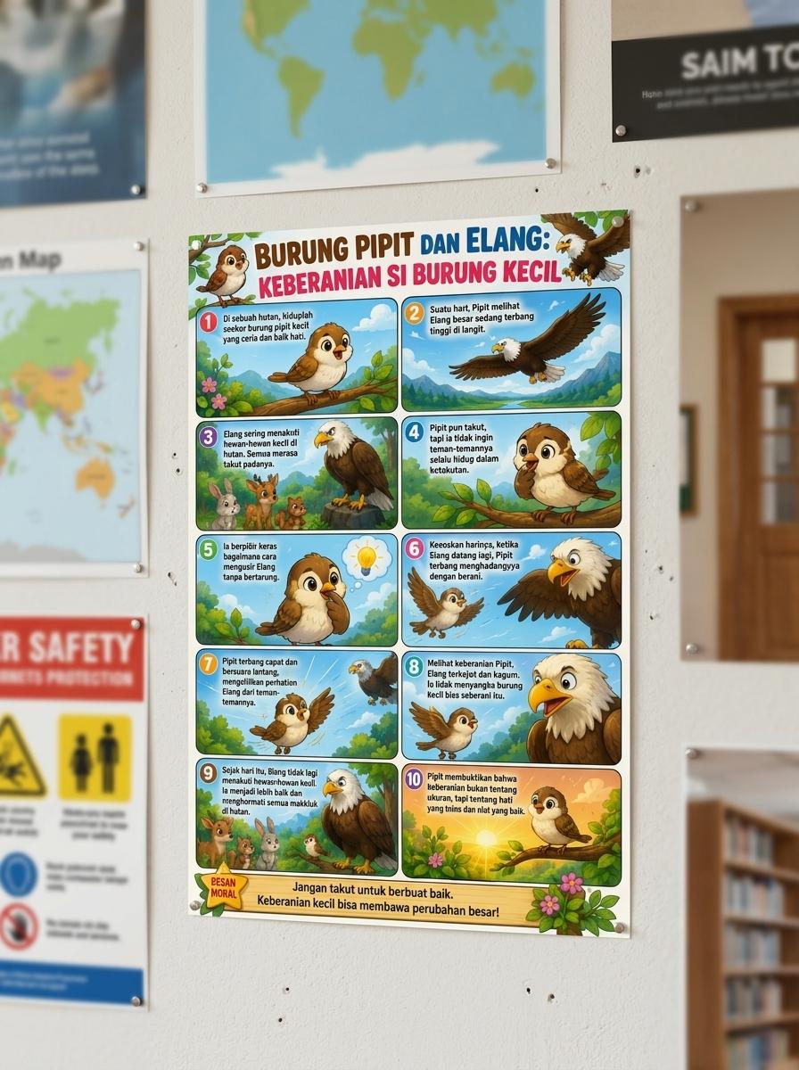 Poster Edukasi Anak Burung Pipit dan Elang Dekorasi Dinding Kamar Belajar Motivasi Keberanian Minimalis