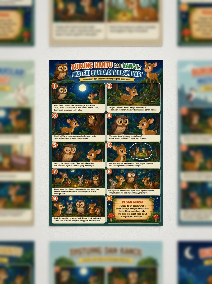 Poster Edukasi Anak Burung Hantu & Kancil Hiasan Dinding Kamar Aesthetic A3 Murah
