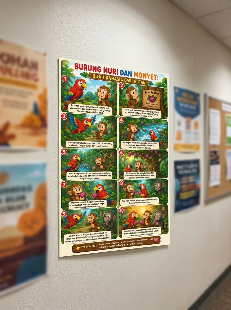 Hiasan Dinding Poster Edukasi Anak Motif Burung Nuri & Monyet Hutan - Dekorasi Kamar Anak Pajangan Dinding