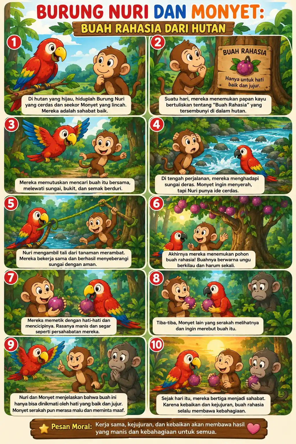 Hiasan Dinding Poster Edukasi Anak Motif Burung Nuri & Monyet Hutan - Dekorasi Kamar Anak Pajangan Dinding