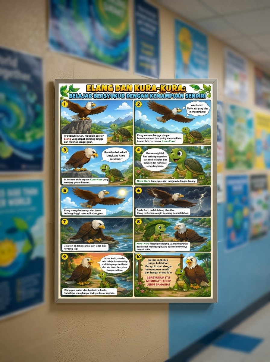 Poster Edukasi Anak Elang dan Kura-Kura Hiasan Dinding Kamar Belajar Bersyukur Media Belajar TK PAUD