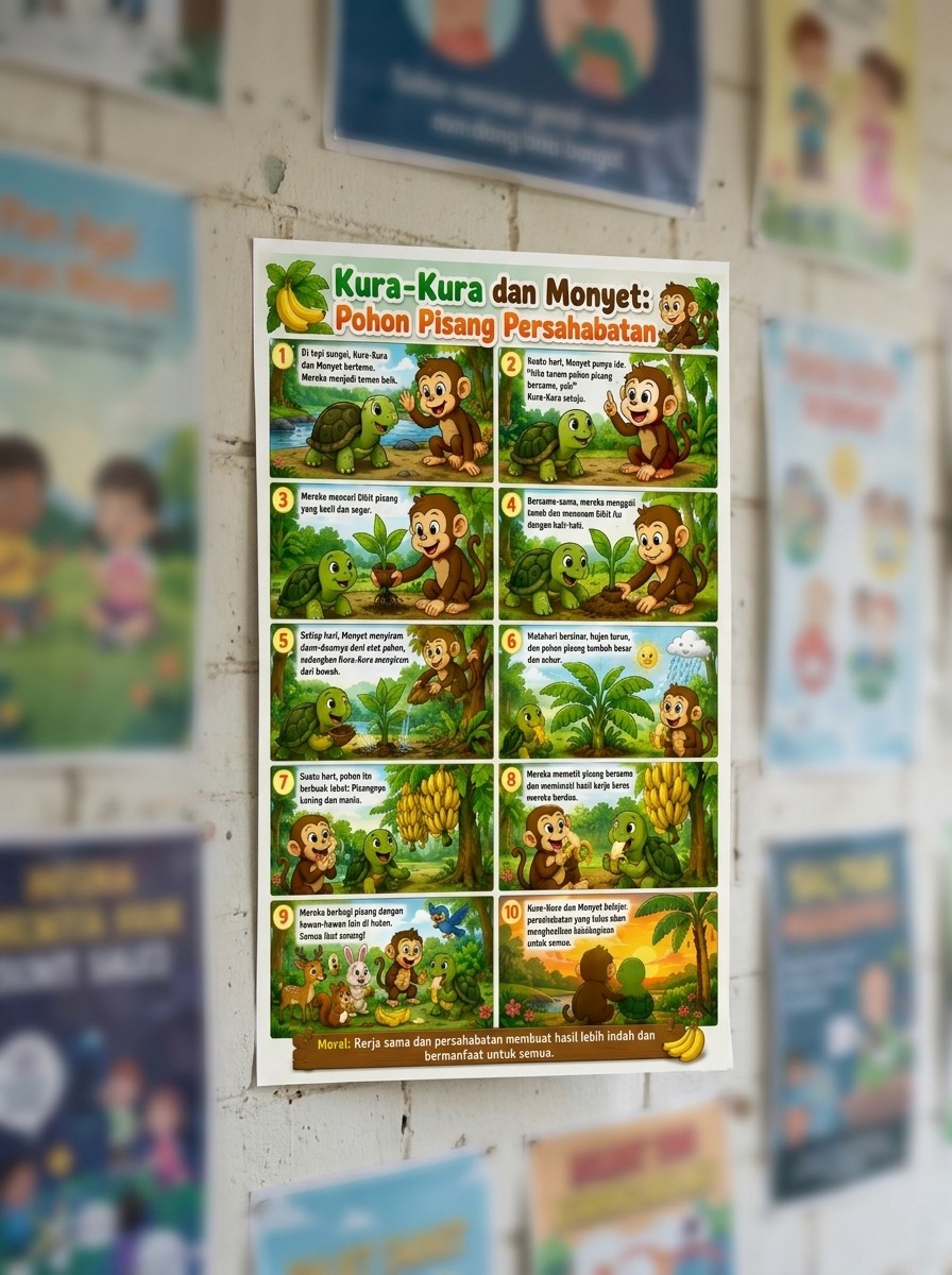 Poster Edukasi Anak Cerita Rakyat Kura-Kura dan Monyet - Hiasan Dinding Kamar Anak TK PAUD Lucu