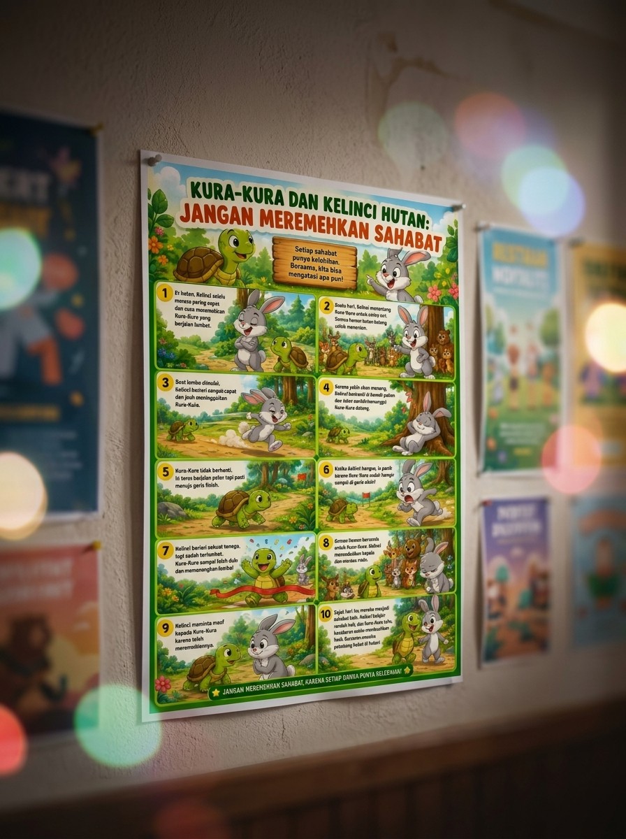 Poster Edukasi Anak Seri Fabel Kura-Kura dan Kelinci - Hiasan Dinding Kamar Aesthetic Murah