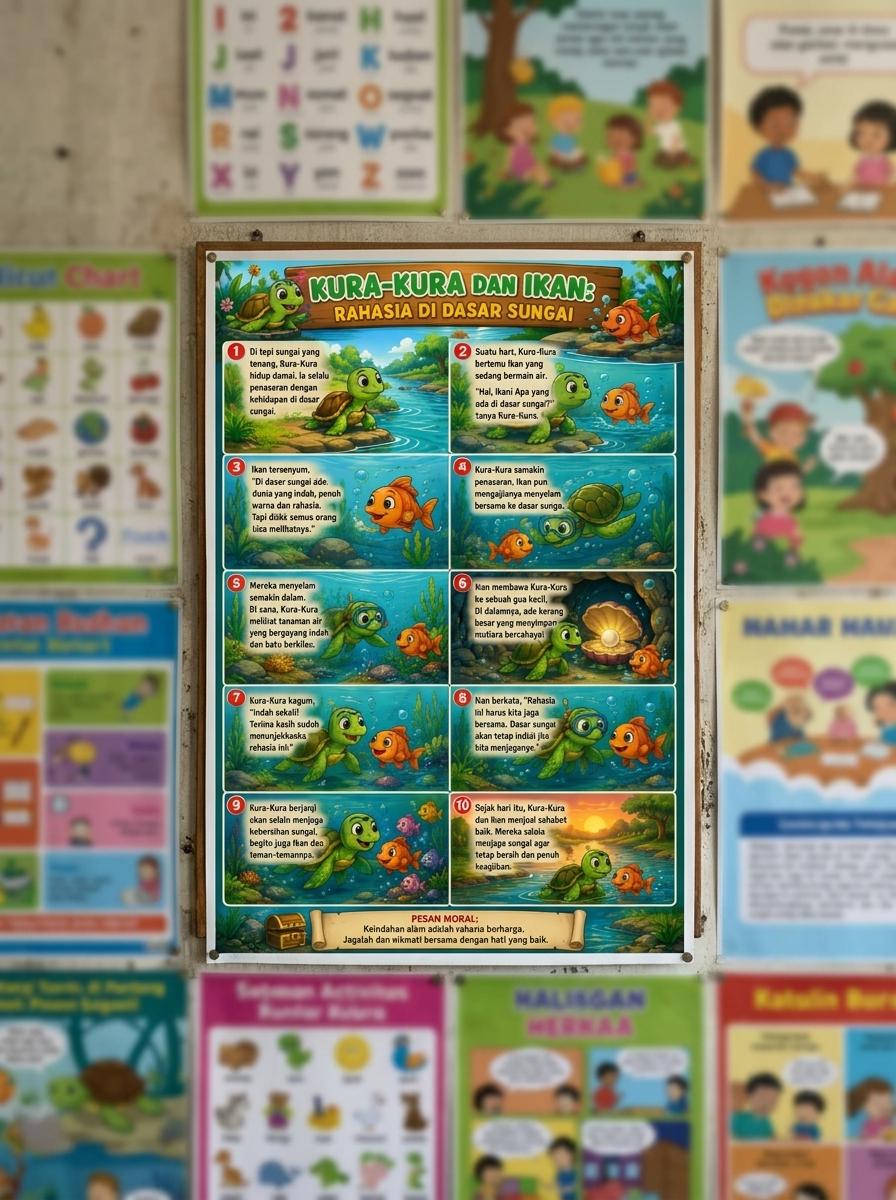Poster Edukasi Anak Gambar Hewan Kura-Kura & Ikan Dasar Sungai - Hiasan Dinding Kamar Murah