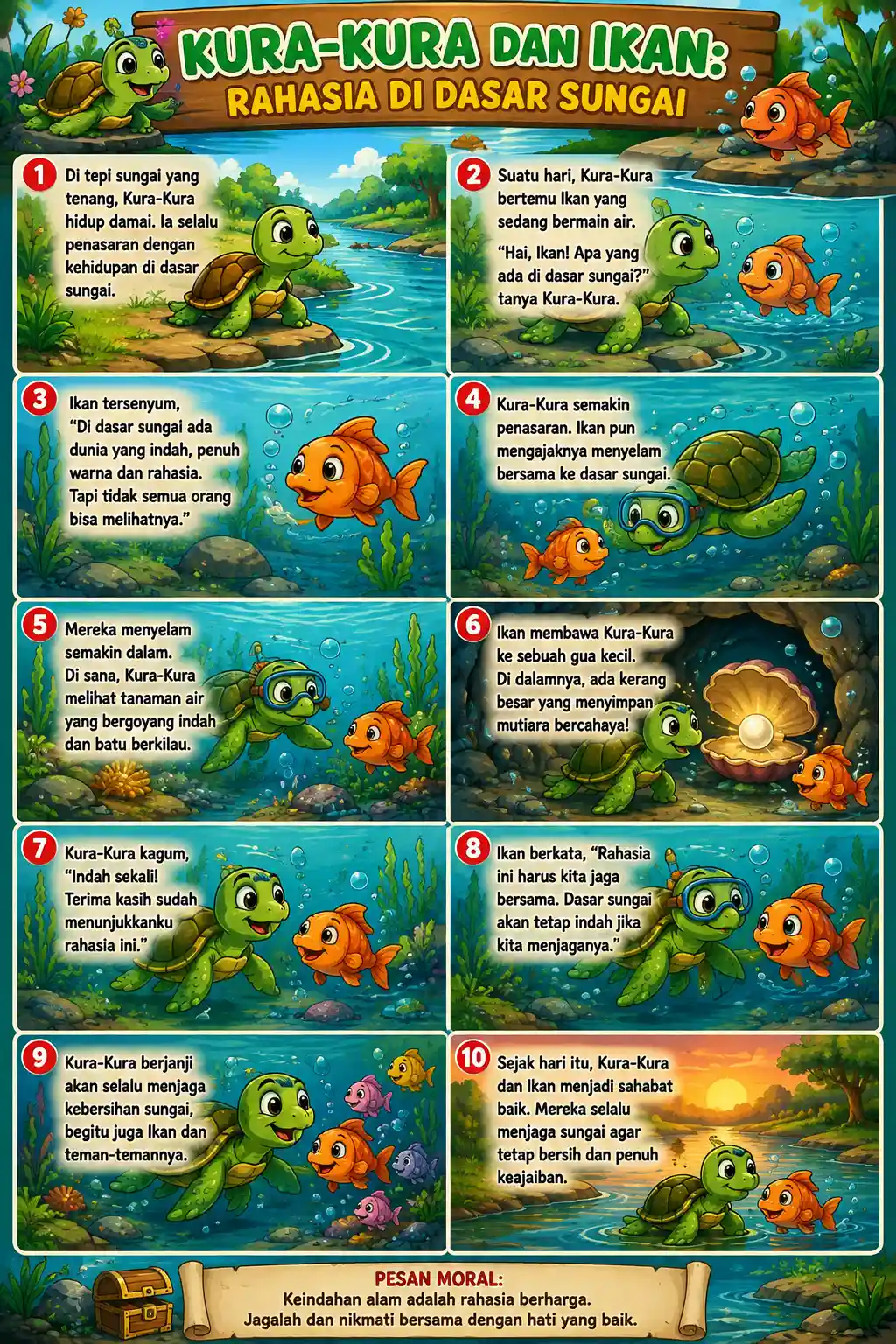 Poster Edukasi Anak Gambar Hewan Kura-Kura & Ikan Dasar Sungai - Hiasan Dinding Kamar Murah