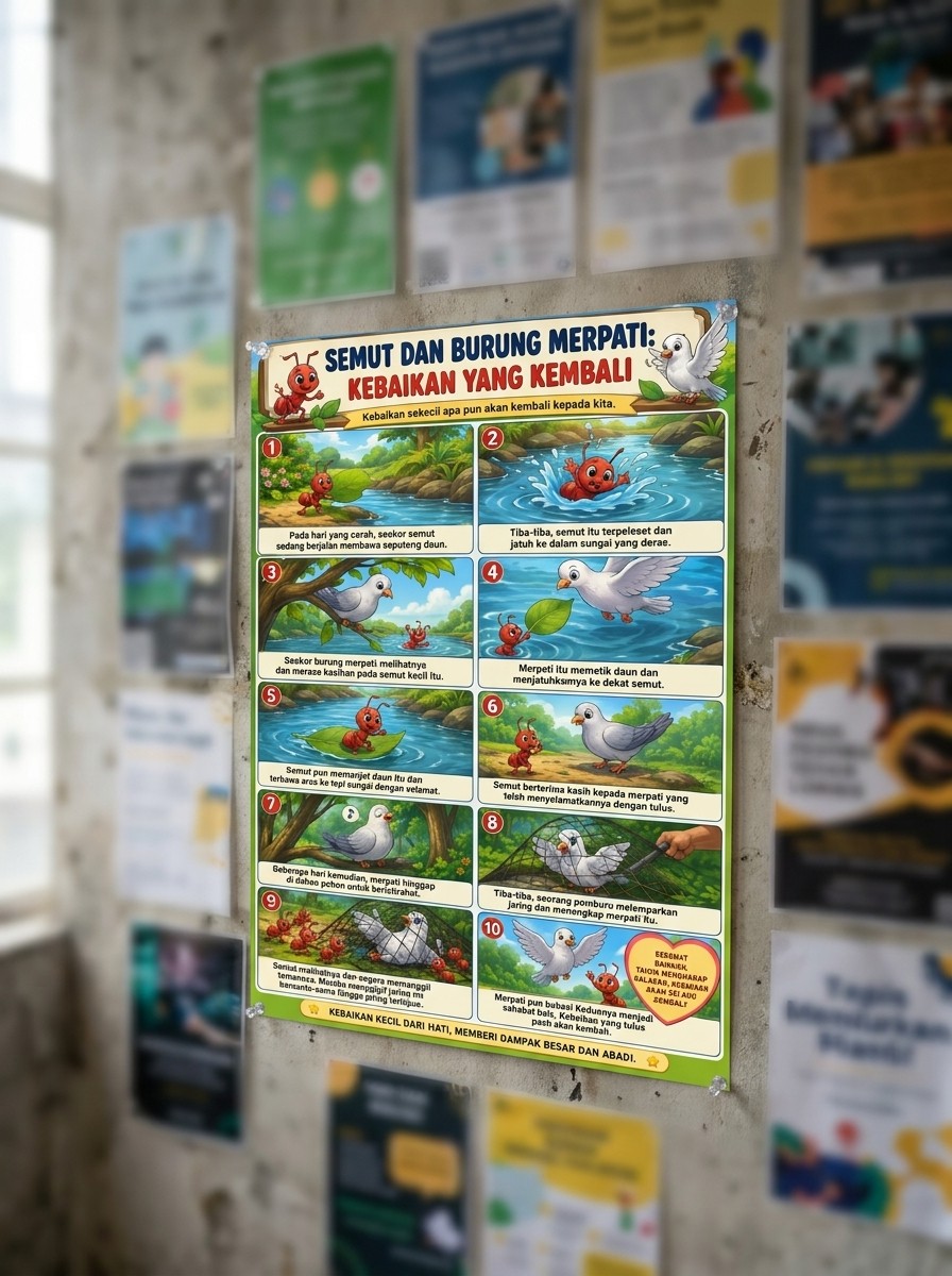 Poster Edukasi Anak Cerita Fabel Semut dan Burung Merpati - Hiasan Dinding Kamar Anak TK PAUD