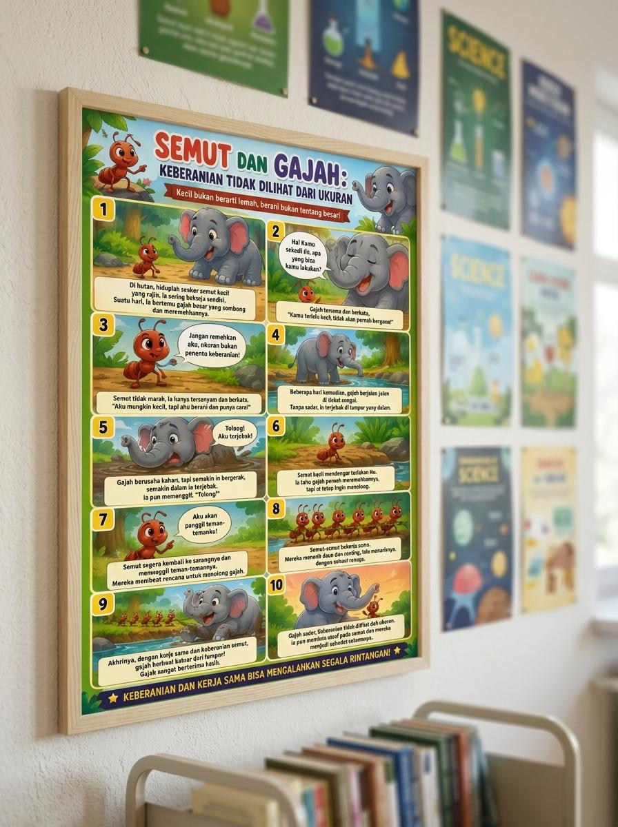 [TERMURAH] Poster Cerita Semut dan Gajah Hiasan Dinding Edukasi Anak - Poster Karakter Moral Anak Lucu