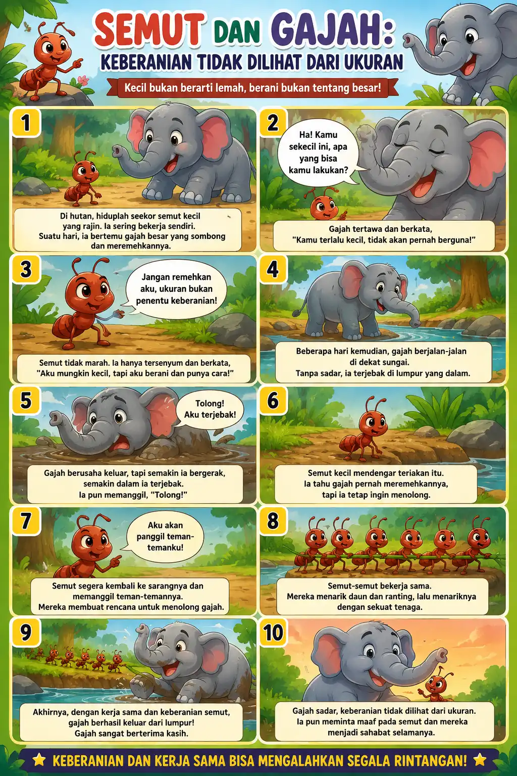 [TERMURAH] Poster Cerita Semut dan Gajah Hiasan Dinding Edukasi Anak - Poster Karakter Moral Anak Lucu