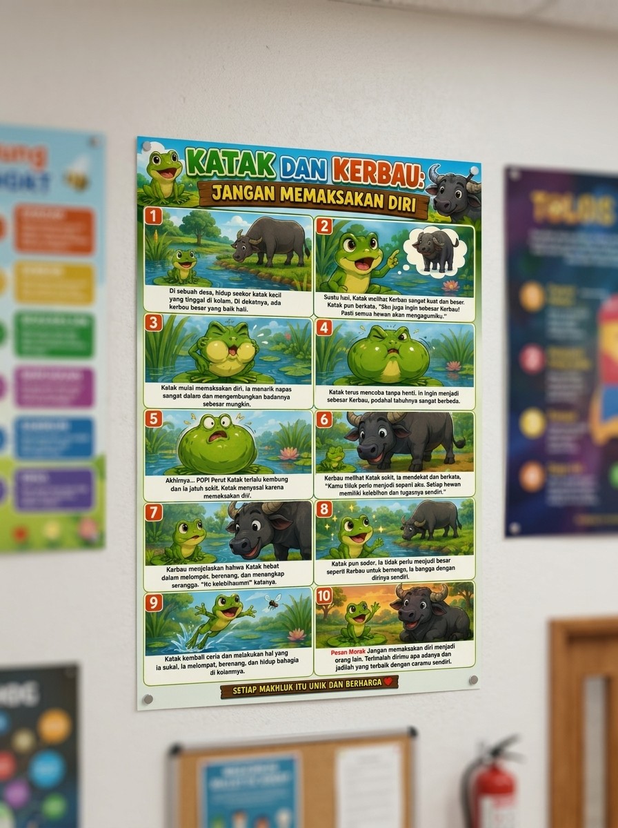 Poster Edukasi Anak Dongeng Fabel Katak dan Kerbau Jangan Memaksakan Diri Hiasan Dinding Aesthetic A3+