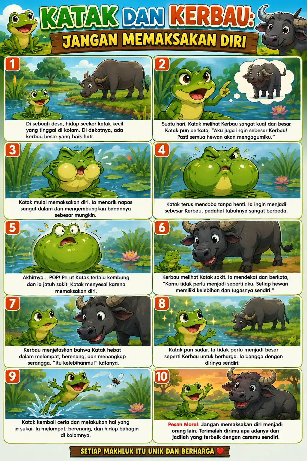 Poster Edukasi Anak Dongeng Fabel Katak dan Kerbau Jangan Memaksakan Diri Hiasan Dinding Aesthetic A3+