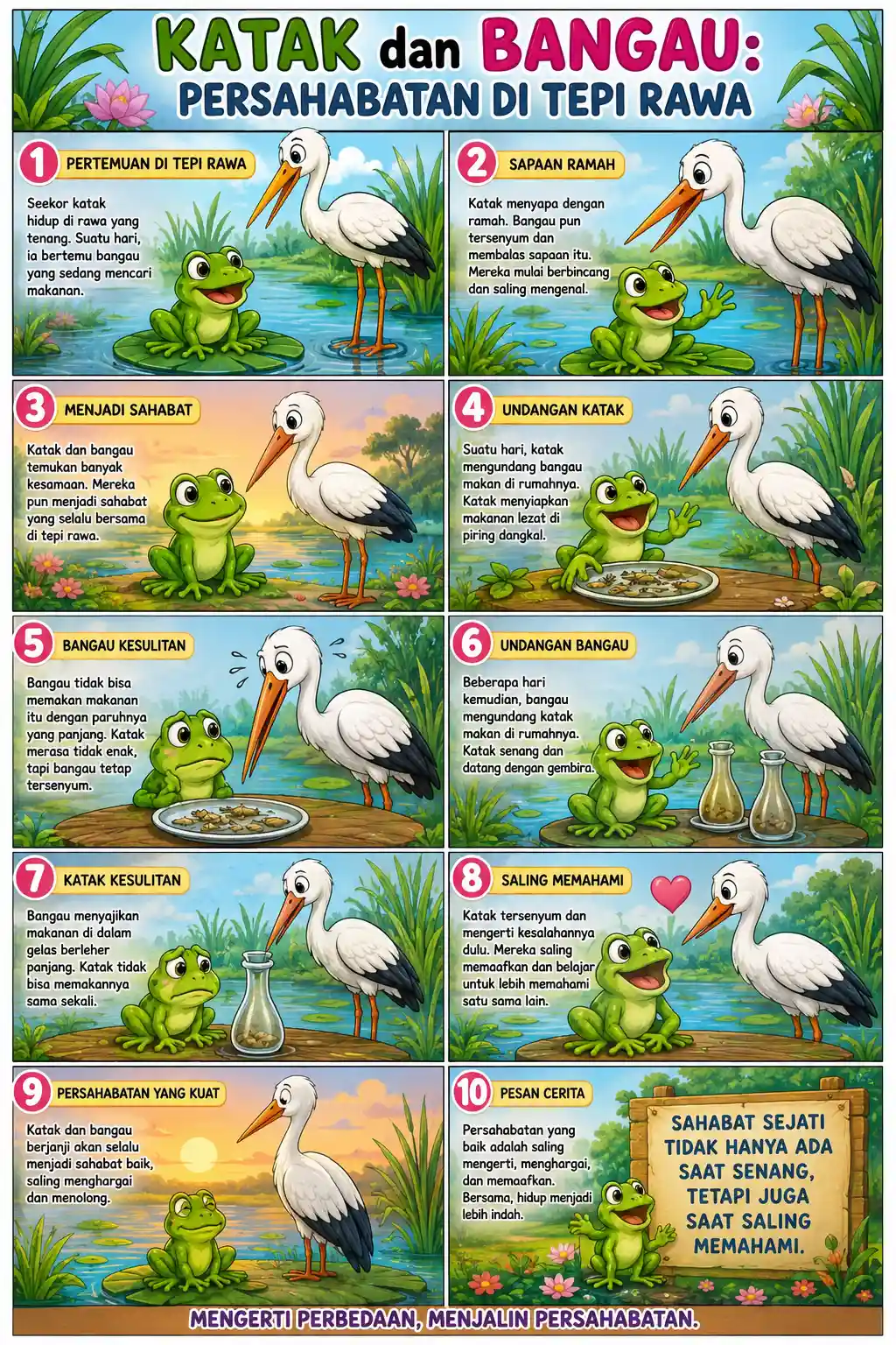 Poster Edukasi Anak Katak dan Bangau Pajangan Dinding Lucu Ukuran A3 A4